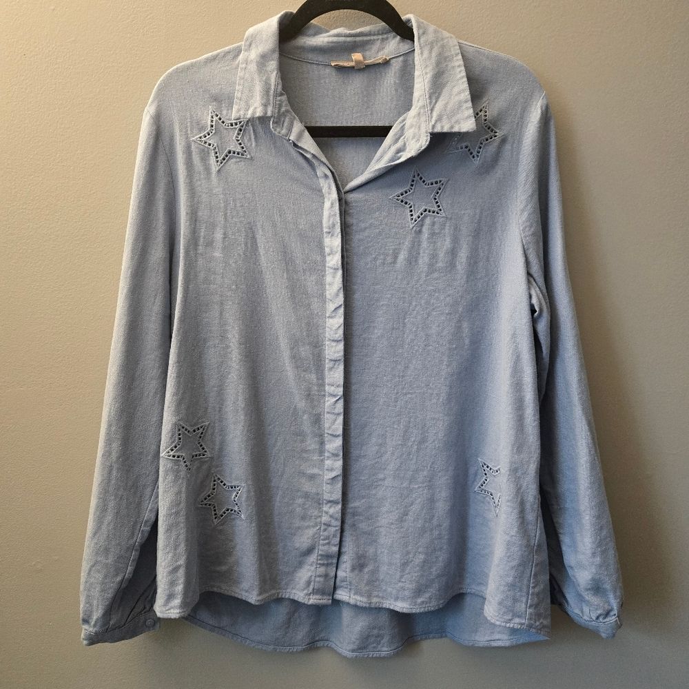 Womens Linen Blend Button Down Star Blue Shirt Size Large My Danielle